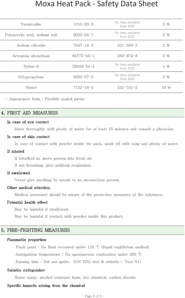 Moxa heat pack safety data sheet.