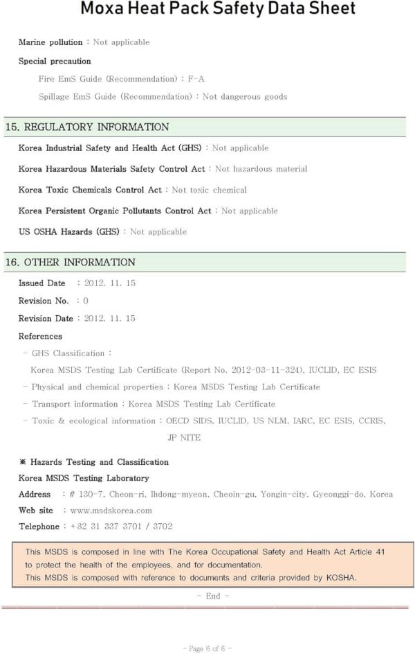 Moxa heat pack safety data sheet.